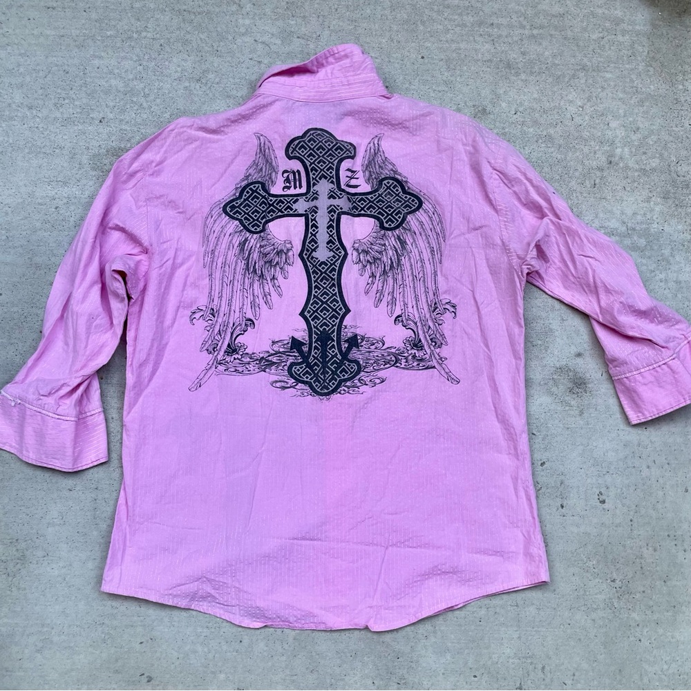 Men's Pink Casual Button-Down Shirt with Black Cross and Wing Graphic Y2K
